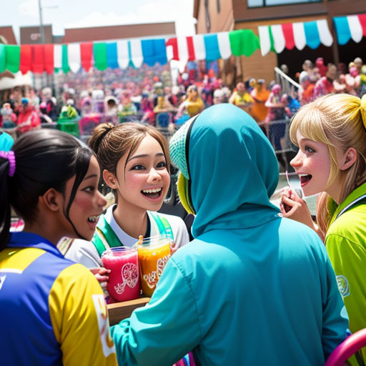 a group of girls standing around each other in front of a crowd of people with drinks in their hands