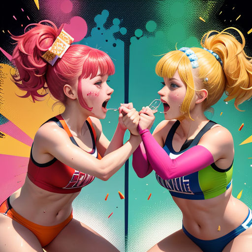 two women in bathing suits are touching each other's hands with their mouths as they both have their mouths open