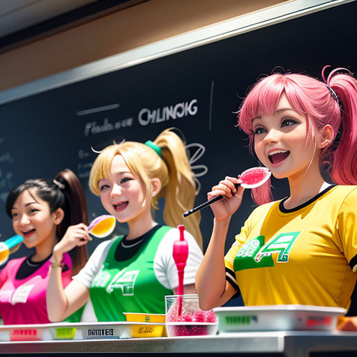 a group of women brushing their teeth in front of a chalkboard with writing on it and a chalkboard behind them