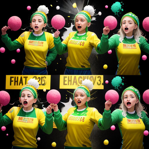 a group of women in matching outfits holding balls and balloons in front of their faces and hands with a surprised look on their face