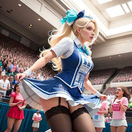 a woman in a cheerleader outfit is dancing in a stadium with other cheerleaders in the background
