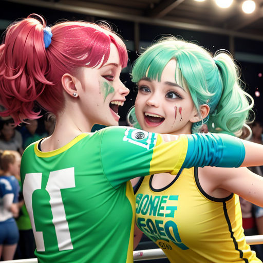 two women in sports uniforms are dancing together in a crowd of people in a stadium with confetti painted on their faces