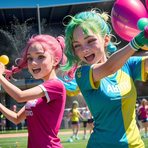 two girls with green hair and blue and pink hair are playing with balloons on a field with people watching