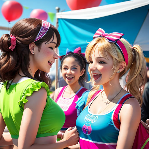 a group of women standing next to each other in front of a tent with balloons on it and a sky background