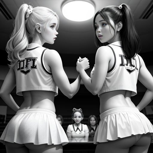two women in cheerleader outfits standing in front of a mirror with a woman in the background looking at her