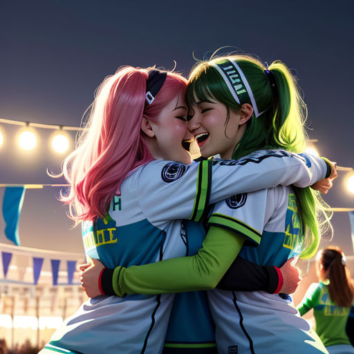 two girls hugging each other in front of a crowd of people at a festival with lights overhead and banners in the background