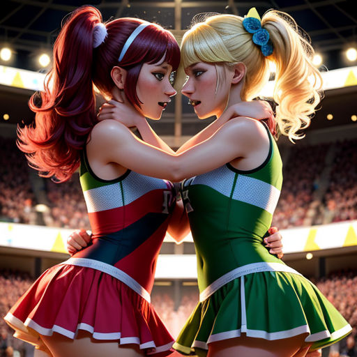 two girls in dresses hugging in a stadium with a crowd of people in the background and a stadium full of people