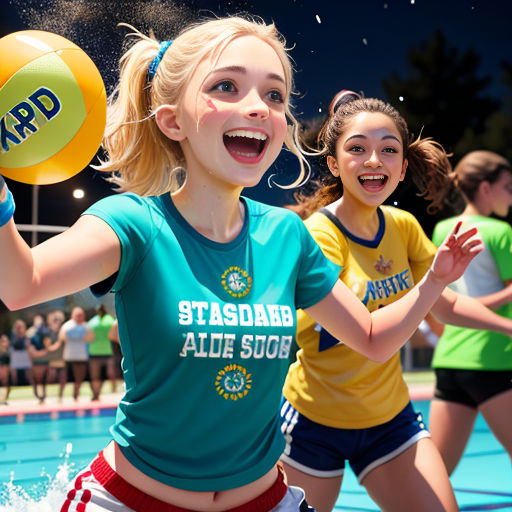 a group of young girls playing a game of water polo on a court at night time with people watching