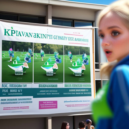 a woman standing in front of a poster with a picture of a soccer field on it's side