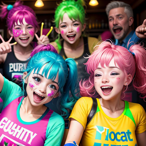 a group of children with colorful hair and makeup on their faces and hands, all smiling and waving at the camera