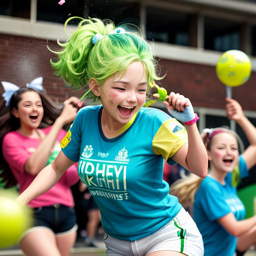 a group of young girls playing a game of tennis with balls and confetti in the air and a building in the background