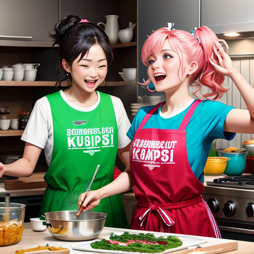 two women in aprons cooking in a kitchen together with a large pot of food in front of them