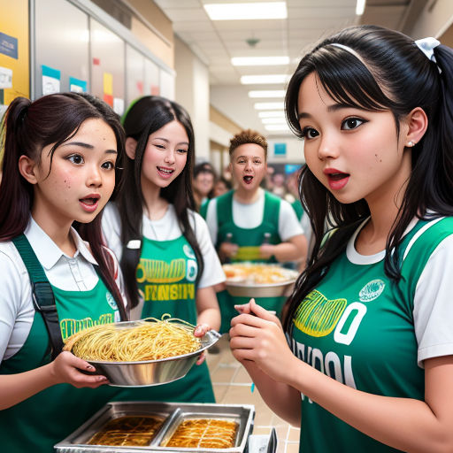 a group of girls in green aprons holding a pan of food and looking at the camera while standing in a line
