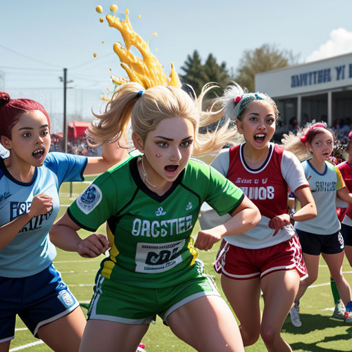 a group of girls running on a field with a frisbee in their hand and a frisbee in their mouth