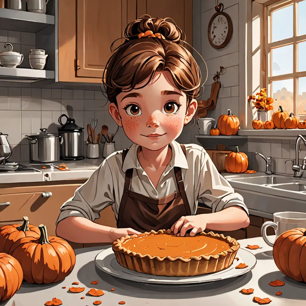 a girl is sitting at a table with a pie in front of her and a pumpkins on the counter, a storybook illustration, trending on art station, american scene painting, Alejandro Burdisio