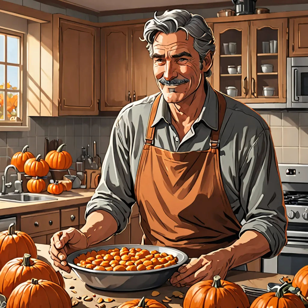 a man in an apron holding a pan of food in a kitchen with pumpkins on the counter and a stove, computer graphics, official art, american realism, Dan Scott