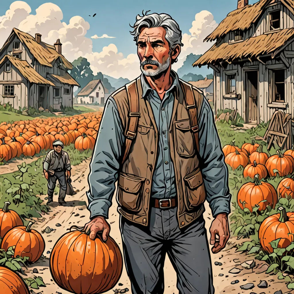 a man walking down a road with a pumpkin in his hand and a man walking behind him with a hat on, a comic book panel, western comic book art, arts and crafts movement, Clark Voorhees