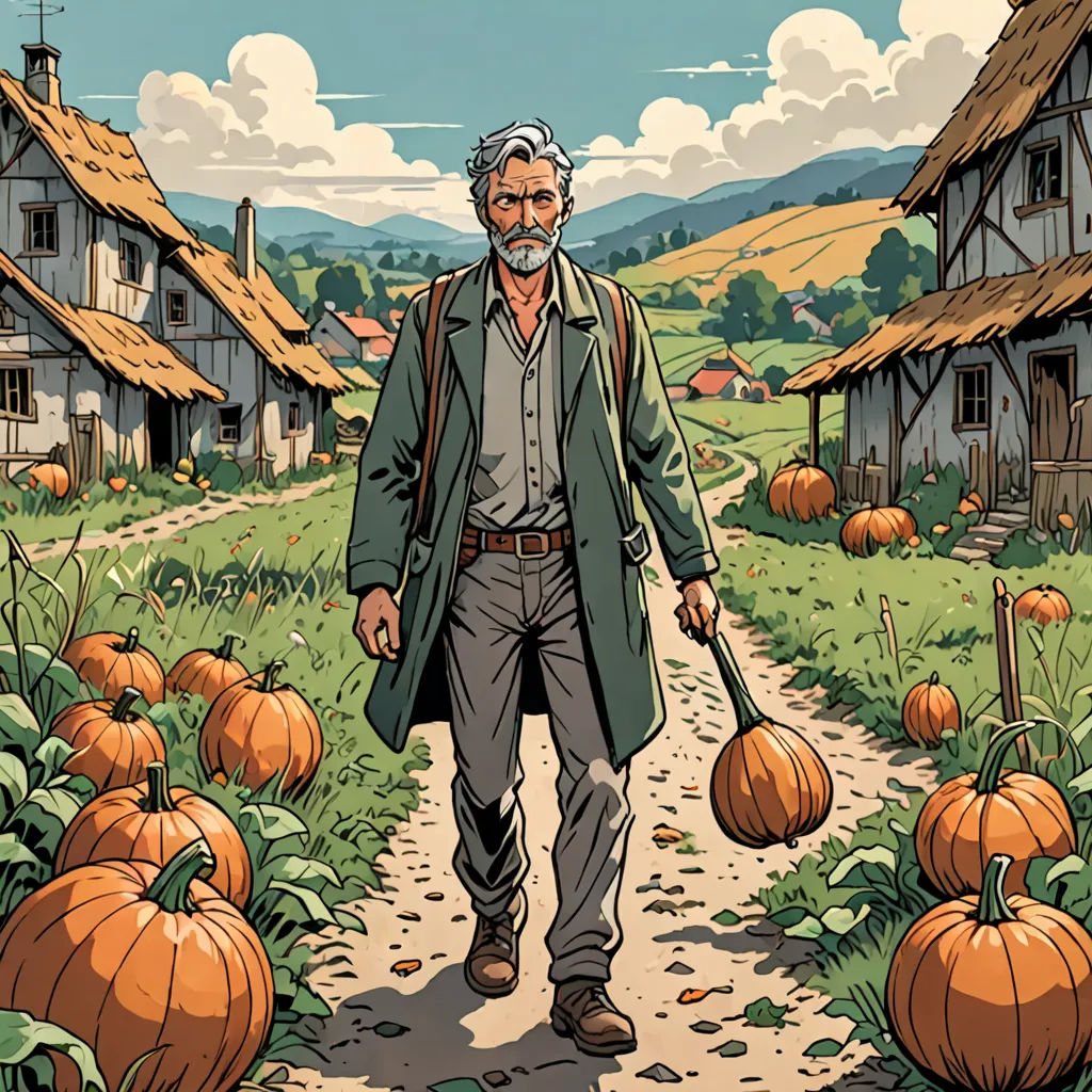 a man walking down a path with pumpkins on the ground in front of him and a house in the background, a comic book panel, western comic book art, arts and crafts movement, Asaf Hanuka