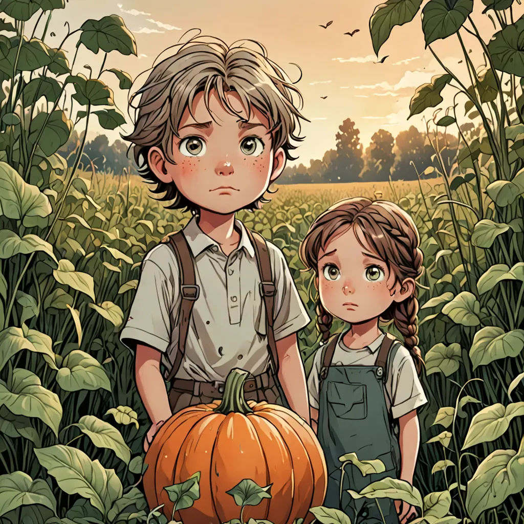 a boy and a girl standing in a field with a pumpkin in front of them, with a sunset in the background, a storybook illustration, cushart krenz, fantasy art, Craig Davison