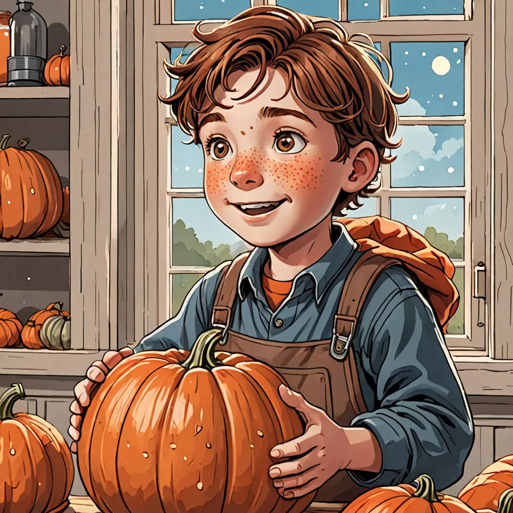 a boy holding a pumpkin in front of a window with a full moon in the background and a window with a full moon in the background, a storybook illustration, highly detailed digital painting, american scene painting, Aaron Jasinski