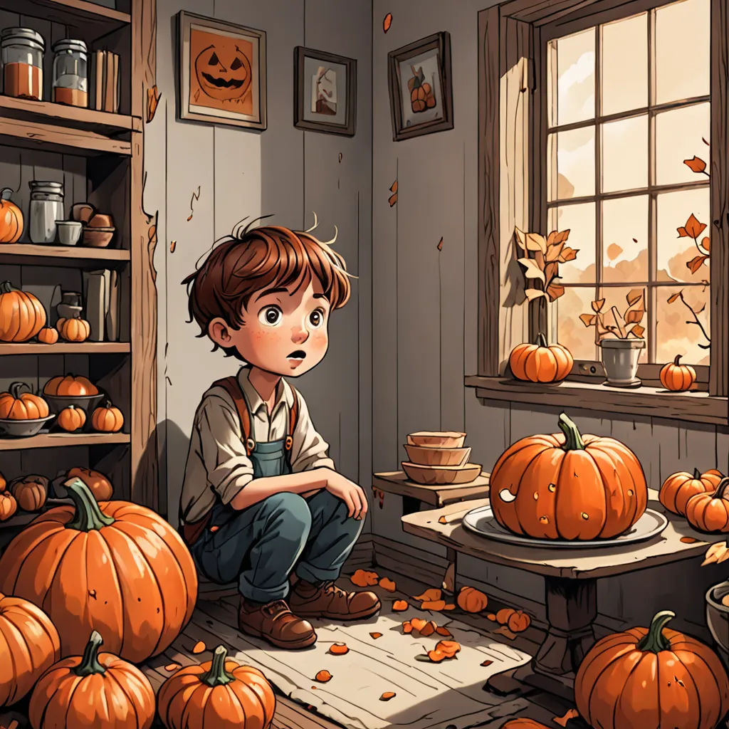 a boy sitting on a floor surrounded by pumpkins in a room with a window and a shelf full of pumpkins, a storybook illustration, trending on art station, fantasy art, Diego Gisbert Llorens