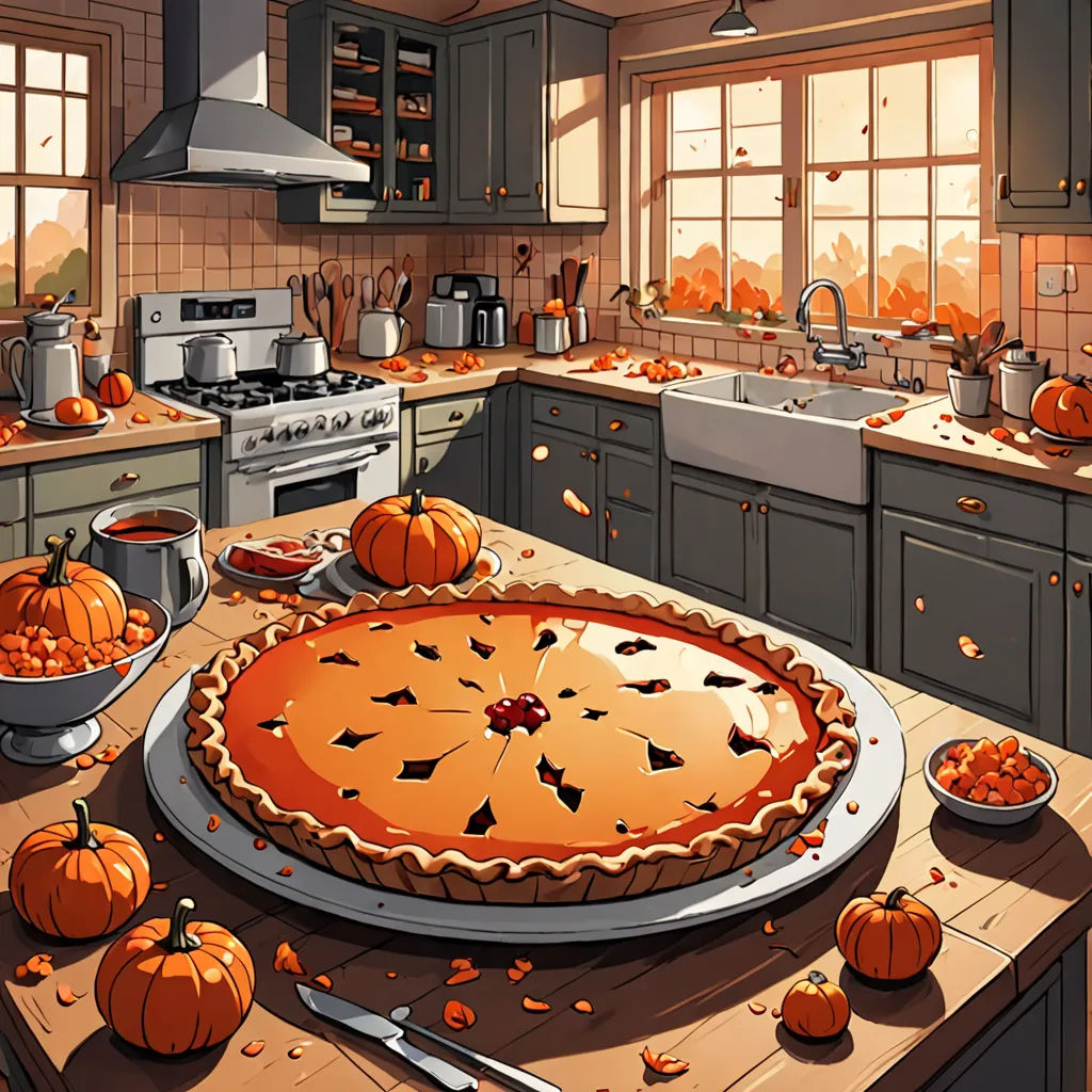 a kitchen with a pie on a table and a lot of pumpkins on the counter top and a sink, a detailed painting, detailed illustration, american scene painting, Dan Mumford