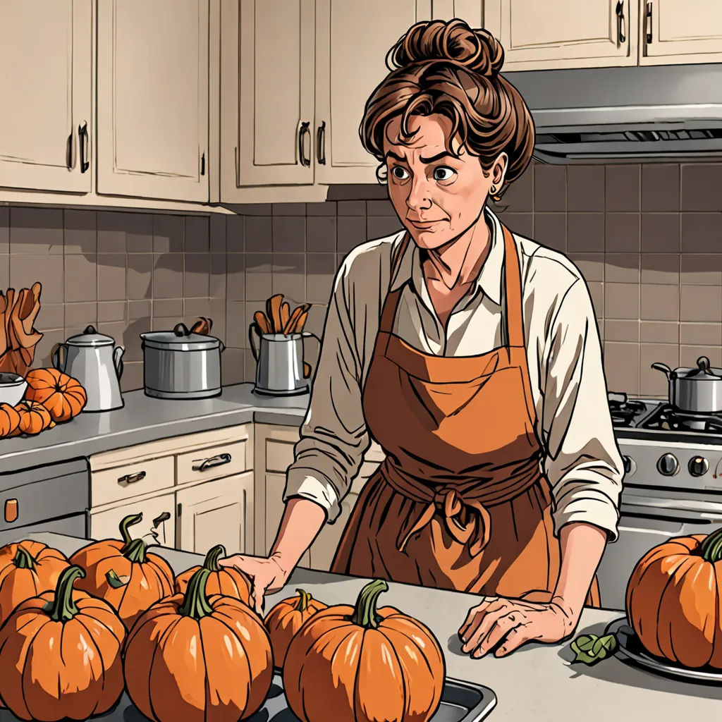 a woman in an apron is preparing pumpkins in a kitchen with a stove and cabinets behind her and a counter with a bunch of pumpkins on it, a character portrait, official art, american realism, Dorothy King