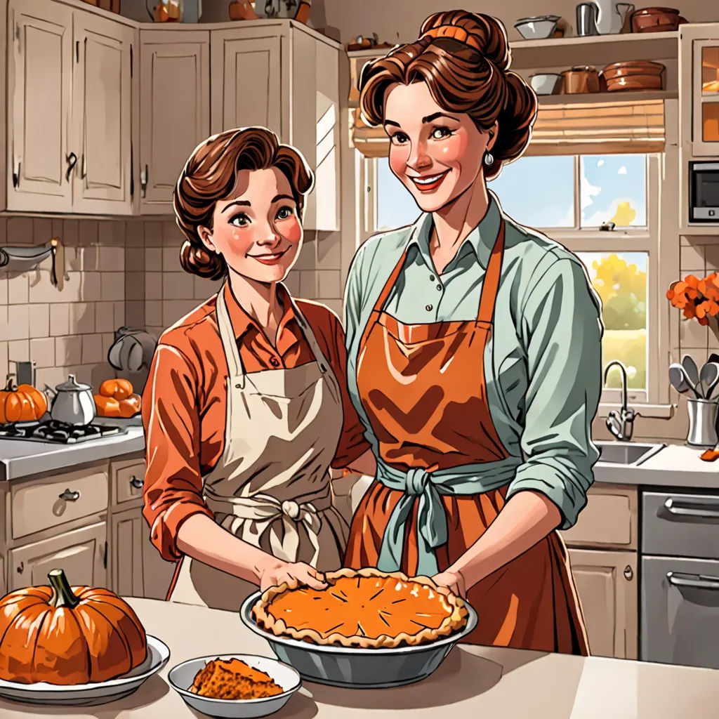 a woman and a girl are in the kitchen preparing food together, with a pumpkin in the background and a pumpkin on the counter, a storybook illustration, promotional image, american scene painting, Anne Said