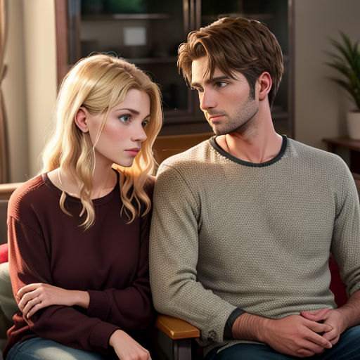 a man and a woman sitting on a couch together looking at each other with a serious look on their face