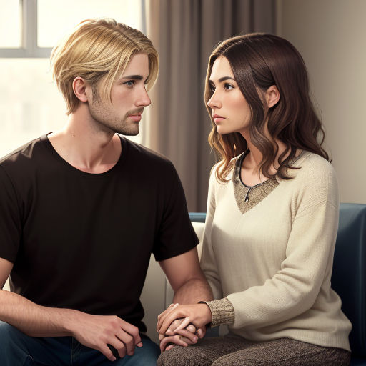 a man and a woman sitting on a couch looking at each other with a serious look on their face
