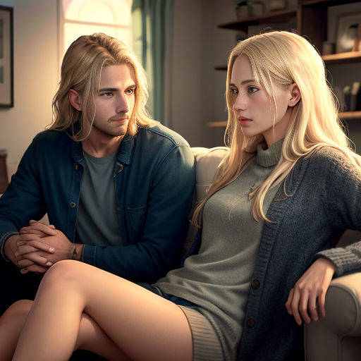 a man and a woman sitting on a couch together, looking at each other with a serious look on their faces