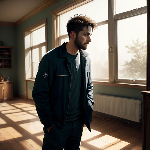 a man standing in a room with a window and a book shelf in the corner of the room, looking out the window
