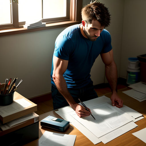 a man is writing on a piece of paper with a pen and a cell phone on a desk next to him