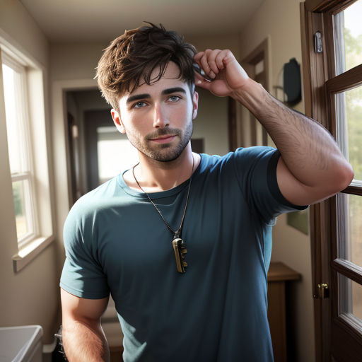 a man standing in a room with a necklace on his neck and a door in the background with a window