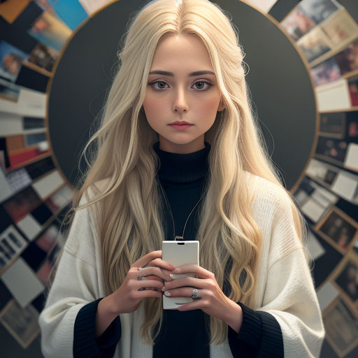 a woman holding a cell phone in front of a wall of pictures with a circular frame on it's side