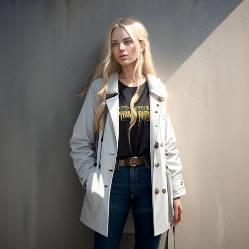 a woman standing against a wall with a handbag in her hand and a handbag in her other hand