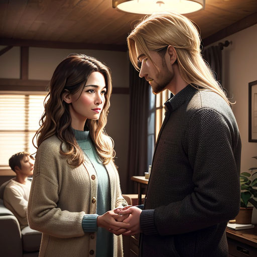 a man and a woman standing in a living room together, looking at each other and smiling at each other
