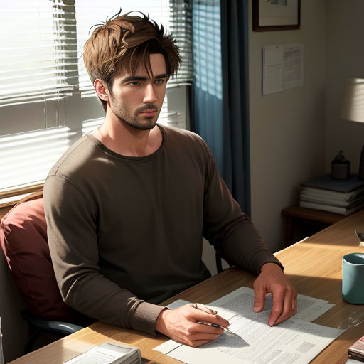 a man sitting at a desk with a pen and paper in his hand and a cup of coffee on the desk