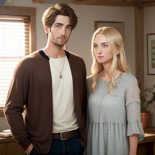 a man and a woman standing next to each other in a room with a window and a table with a plant