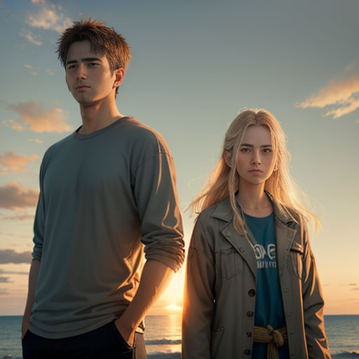 a man and a woman standing on a beach at sunset with the sun setting behind them and the ocean in the background