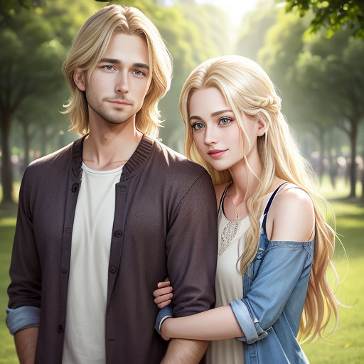 a man and a woman standing next to each other in a park with trees in the background and grass in the foreground