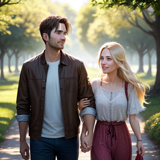 a man and a woman walking down a path holding hands and looking at each other with trees in the background