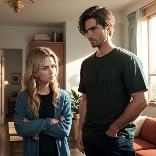 a man and a woman standing in a living room looking at each other with their arms crossed and looking at each other