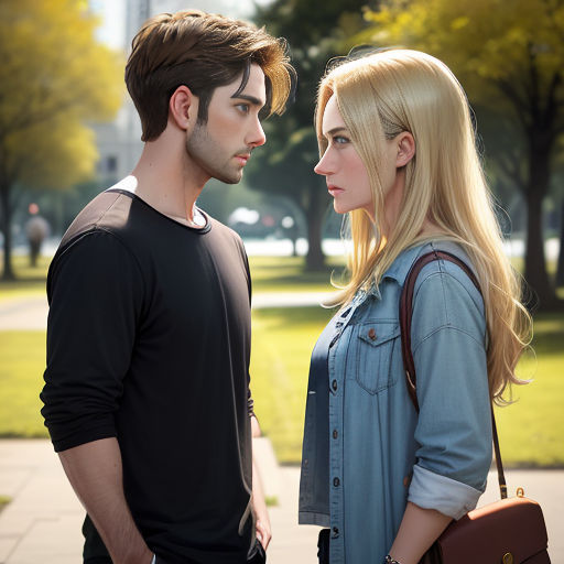 a man and a woman standing next to each other on a sidewalk in a park with trees in the background