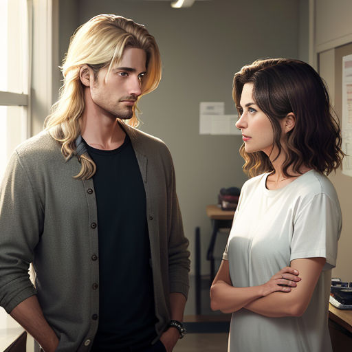 a man and a woman standing in a room looking at each other with their arms crossed and looking at each other