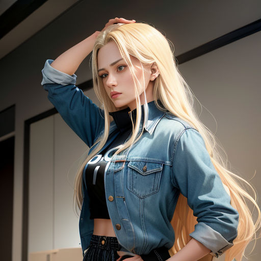 a woman with long blonde hair wearing a jean jacket and black pants and a black top with a black shirt