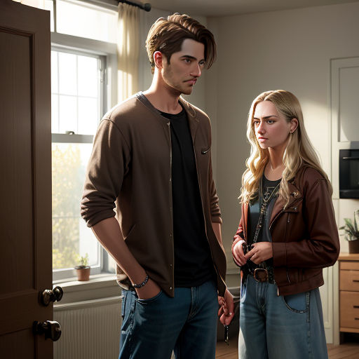 a man and a woman standing in a room looking at each other and talking to each other with a window in the background