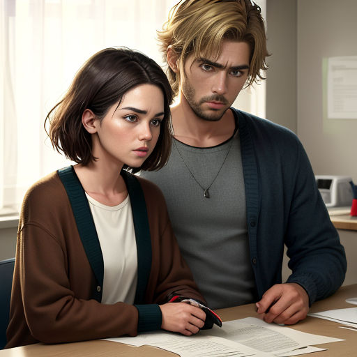 a man and a woman sitting at a desk looking at a piece of paper with a pen in it