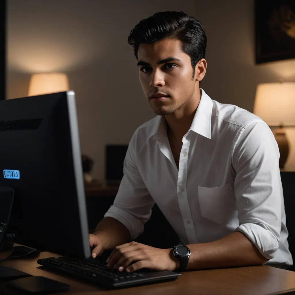 a man sitting at a desk with a computer in front of him and a lamp on the side of the desk, computer art, a computer rendering, Cedric Seaut (Keos Masons), affinity photo