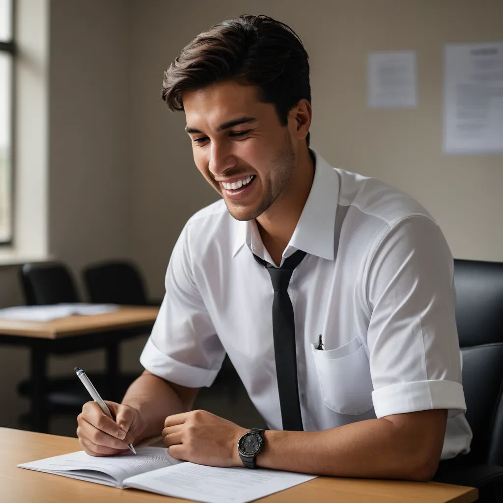 a man in a white shirt and tie sitting at a desk writing on a piece of paper with a pen, academic art, a stock photo, Austin English, professional